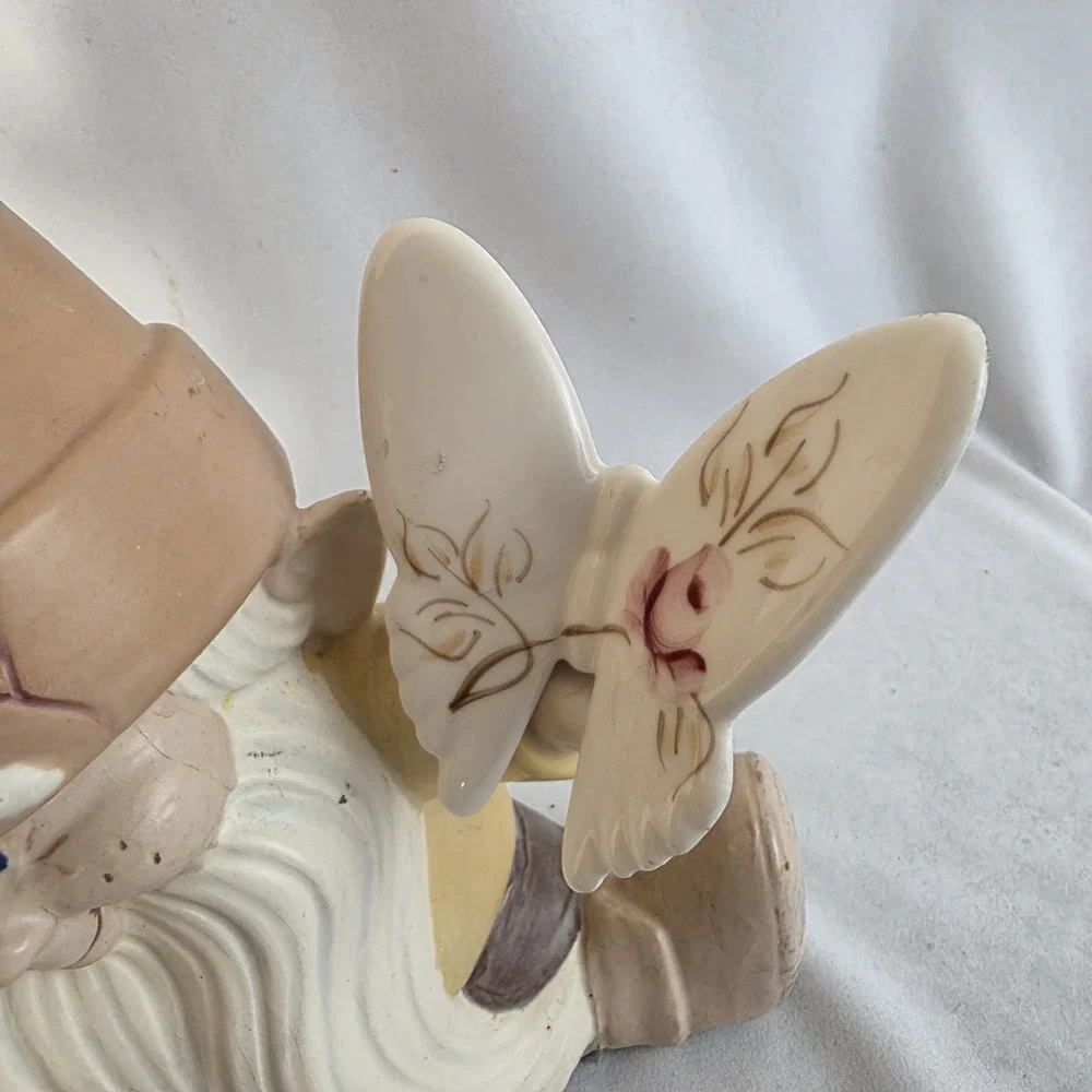 Vintage Dona 1542 Hand Painted Cracked Pot Garden Gnome w/ Homco 70s Butterflies